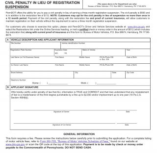 PA DMV Form MV-222. Application for Payment of Civil Penalty In Lieu of Registration Suspension
