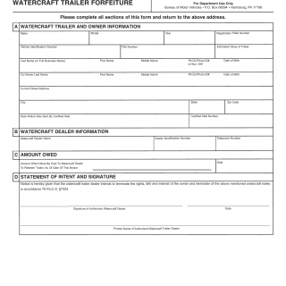 PA DMV Form MV-26. Watercraft Trailer Forfeiture