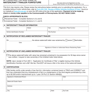 PA DMV Form MV-26D. Application for Disposal of Watercraft Trailer Forfeiture