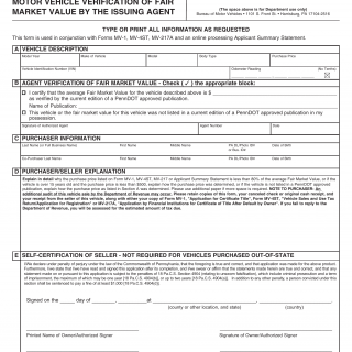 PA DMV Form MV-3. Motor Vehicle Verification of Fair Market Value by the Issuing Agent