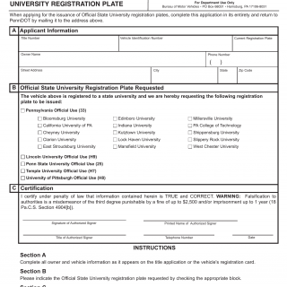 PA DMV Form MV-300. Application For Official State University Registration Plate