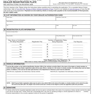 PA DMV Form MV-326. Application for Multi-Purpose Dealer Registration Plates