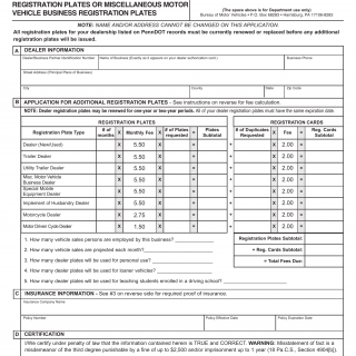 PA DMV Form MV-350A. Application for Additional Dealer Registration Plates or Miscellaneous Motor Vehicle Business Registration Plates