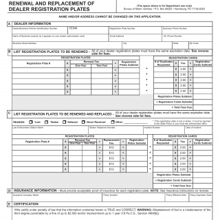 PA DMV Form MV-350R. Renewal or Replacement Request of Dealer Registration Plates