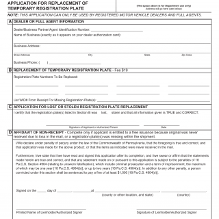 PA DMV Form MV-351A. Application for Replacement of Temporary Registration Plate