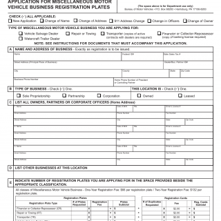 PA DMV Form MV-359. Application for Miscellaneous Motor Vehicle Business Registration Plates