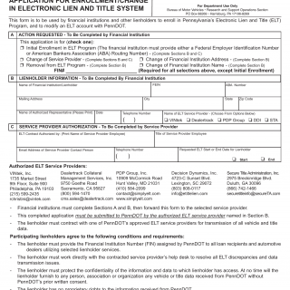 PA DMV Form MV-37. Application for Lienholder Authorization to Participate in the Department's Electronic Lien and Title System