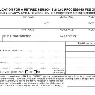 PA DMV Form MV-371. Application for a Retired Person's $10 Processing Fee on a Vehicle Registration