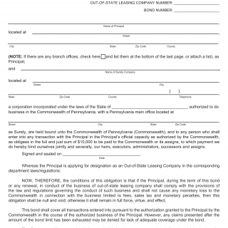 PA DMV Form MV-373. Out-Of-State Leasing Company Bond