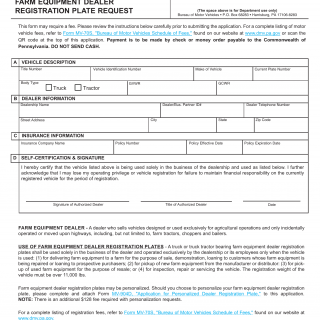 PA DMV Form MV-377. Farm Equipment Dealer Registration Plate Request