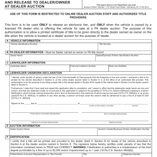 PA DMV Form MV-38A. Authorization to Print Title and Release to Dealer / Owner at Dealer Auction