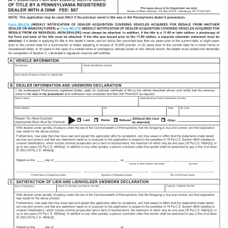 PA DMV Form MV-38D. Application for Duplicate Title by a Registered Dealer