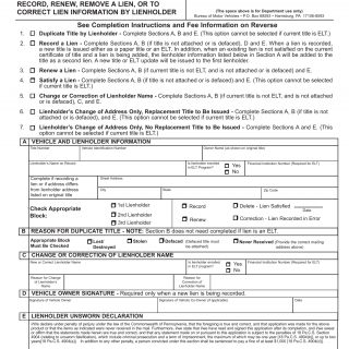 PA DMV Form MV-38L. Application for Duplicate Title or to Record, Renew, Remove a Lien or to Correct Lien Information by Lienholder