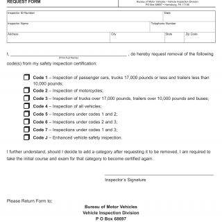 PA DMV Form MV-401. Safety Inspection Category Removal Request Form
