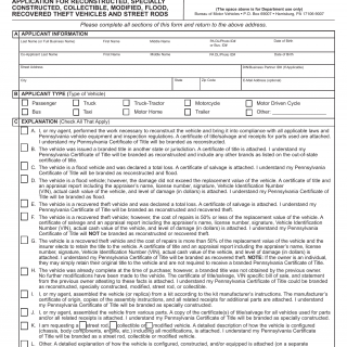 PA DMV Form MV-426B. Application for reconstructed, specially constructed, collectible, modified, flood, recovered theft vehicles and street rods