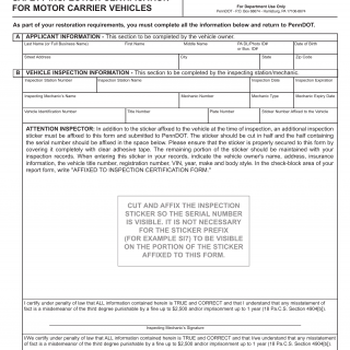 PA DMV Form MV-435. Safety Inspection Certification for Motor Carrier Vehicles