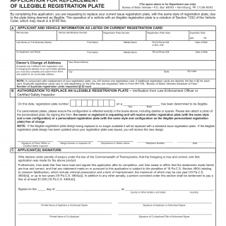 PA DMV Form MV-46. Application for Replacement of Illegible Registration Plate