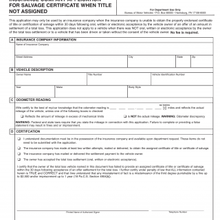 PA DMV Form MV-4IS. Insurance Company Application for Salvage Certificate When Title Not Assigned