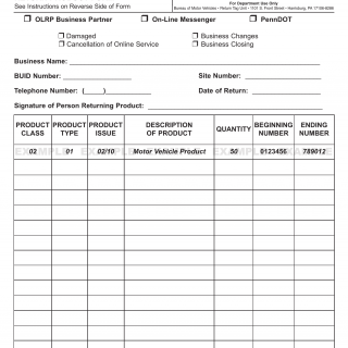 PA DMV Form MV-512. Return Product Form