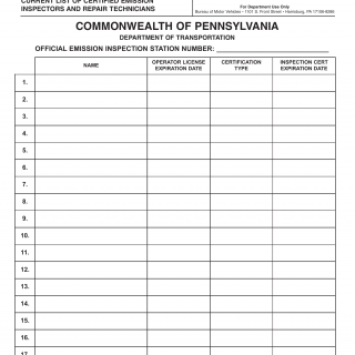 PA DMV Form MV-516. Listing of Emission Inspection Mechanics Per Station