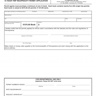 PA DMV Form MV-581. 72 Hour Trip Reciprocity Permit Application