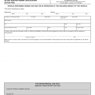 PA DMV Form MV-590. 20 Day Hunter Permit Application
