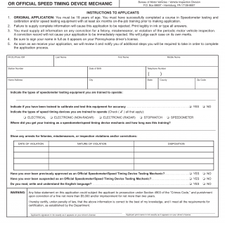 PA DMV Form MV-591. Application for Certification as Official Speedometer Testing & Calibration or Official Speed Timing Device Mechanic
