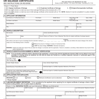 PA DMV Form MV-6. Application For Nonrepairable or Salvage Certificate