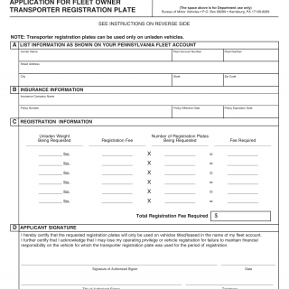 PA DMV Form MV-615. Application for Fleet Owner Transporter Registration Plate