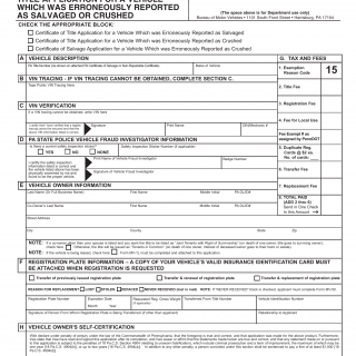 PA DMV Form MV-6E. Title Application for a Vehicle Which Was Erroneously Reported as Salvaged or Crushed