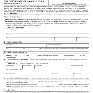 PA DMV Form MV-6SV. Insurance Company Application for Certificate of Salvage for a Stolen Vehicle