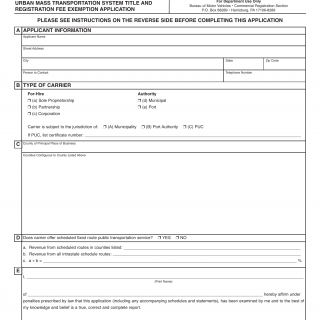 PA DMV Form MV-729. Urban Mass Transportation System Title and Registration Fee Exemption Application