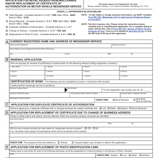 PA DMV Form MV-73A. Application for Renewal / Change and / or Replacement of Certificate of Authorization as Motor Vehicle Messenger Service