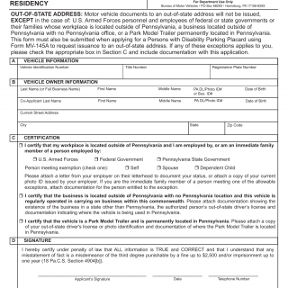 PA DMV Form MV-8. Self Certification for Proof of Residency