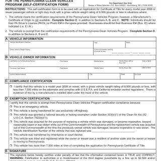 PA DMV Form MV-9. Compliance or Exemption For the Pennsylvania Clean Vehicles Program