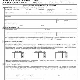PA DMV Form MV-904SR. Application for Personalized Street Rod Registration Plate
