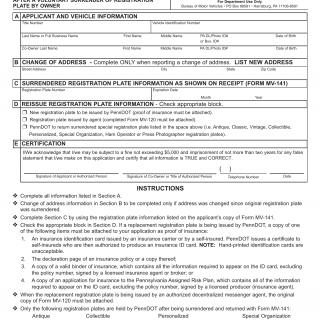 PA DMV Form MV-91. Application for Replacement Plate after a Voluntary Surrender of Plate by Owner