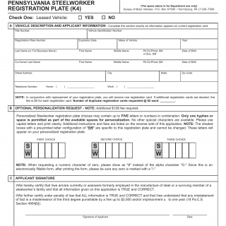 PA DMV Form MV-910. Application for Special Pennsylvania Steelworker Registration Plate