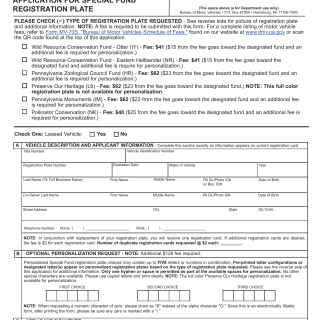 PA DMV Form MV-911. Application for Special Fund Registration Plate