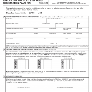 PA DMV Form MV-912. Application for Gold Star Family Registration Plate