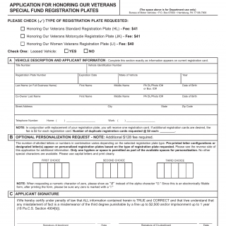 PA DMV Form MV-914. Application For Honoring Our Veterans Special Fund Registration Plate