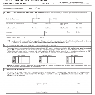 PA DMV Form MV-915. Application for Teen Driver Special Registration Plate