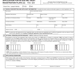PA DMV Form MV-916. Application for In God We Trust Registration Plate
