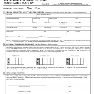 PA DMV Form MV-917. Application for Share the Road Registration Plate