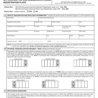 PA DMV Form MV-919. Application for USA Semiquincentennial Registration Plate