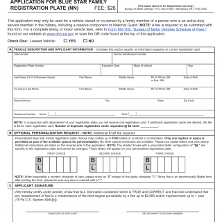 PA DMV Form MV-920. Application for Blue Star Family Registration Plate