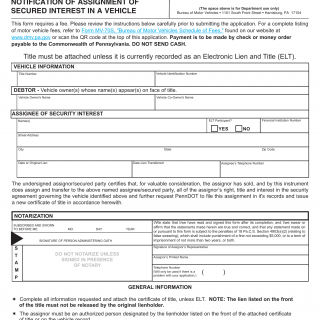 PA DMV Form MV-950/MV-950A. Notification of Assignment of Secured Interest in a Vehicle