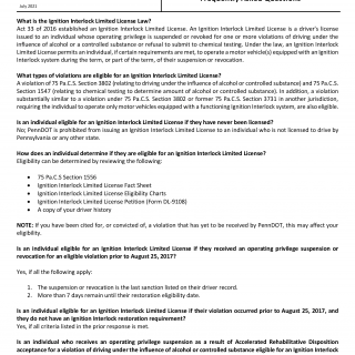 PA DMV Form. Ignition Interlock Limited License "The Law" FAQ's Fact Sheet