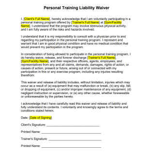 Personal Training Liability Waiver sample