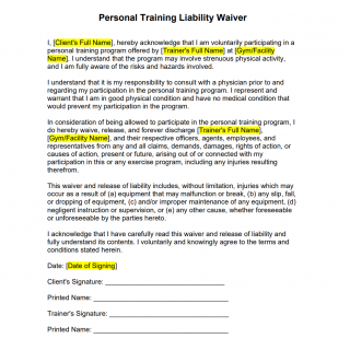 Personal Training Liability Waiver | Forms - Docs - 2023